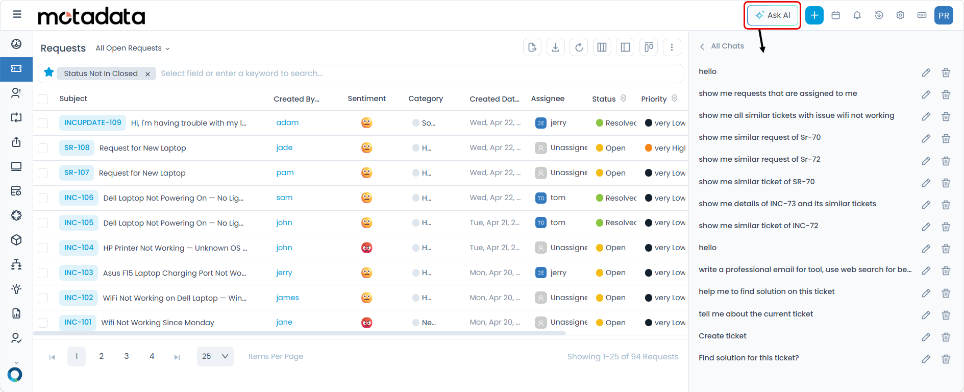 Chat history panel showing past sessions with edit and delete options