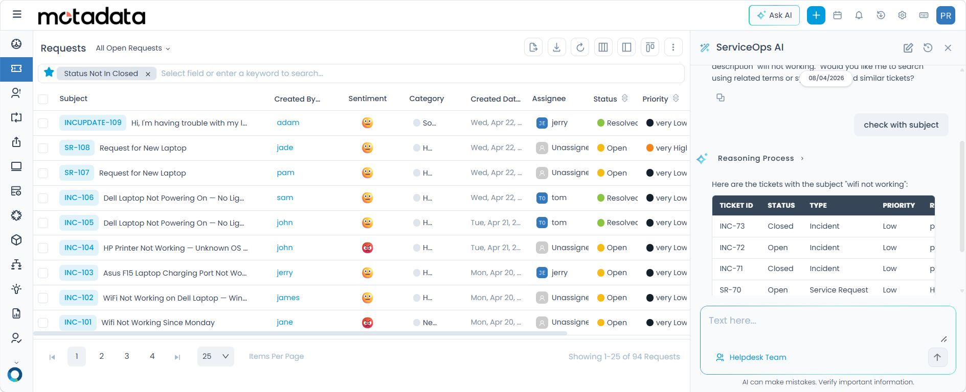 Chat history panel showing past sessions
