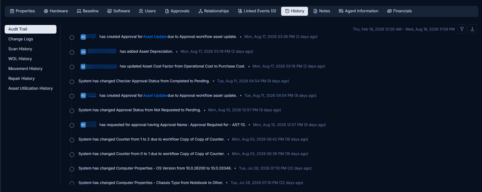 Audit Trail sub-section showing a timeline of asset actions with actor names, change descriptions, and timestamps