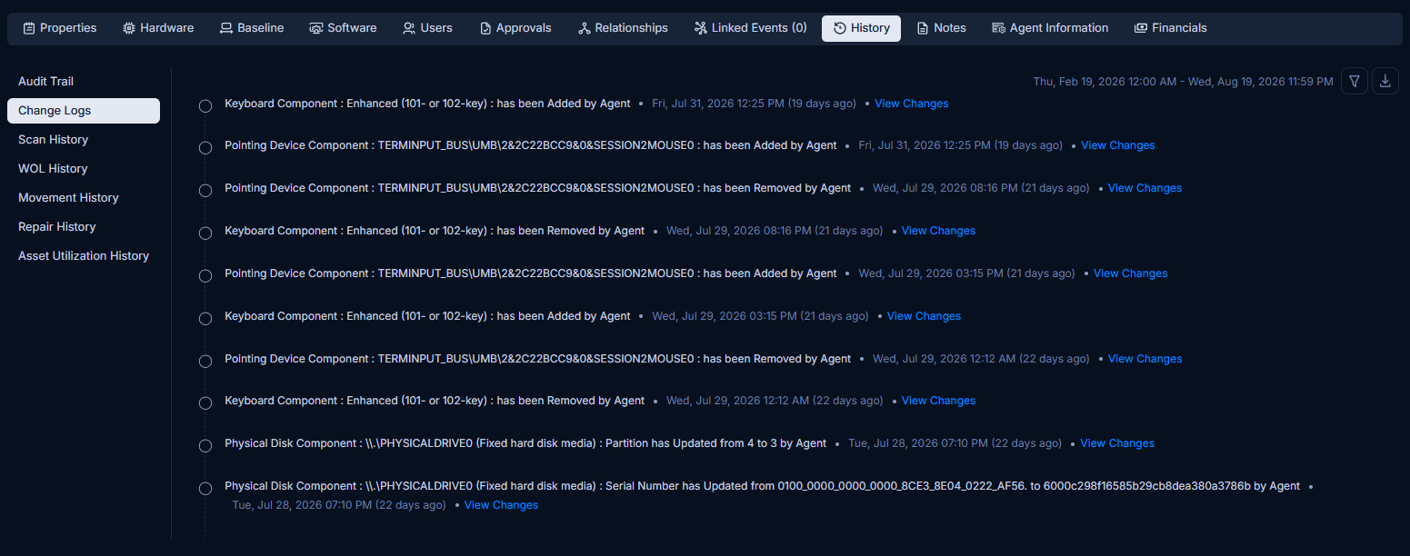 Change Logs sub-section showing hardware component additions and removals detected by the agent