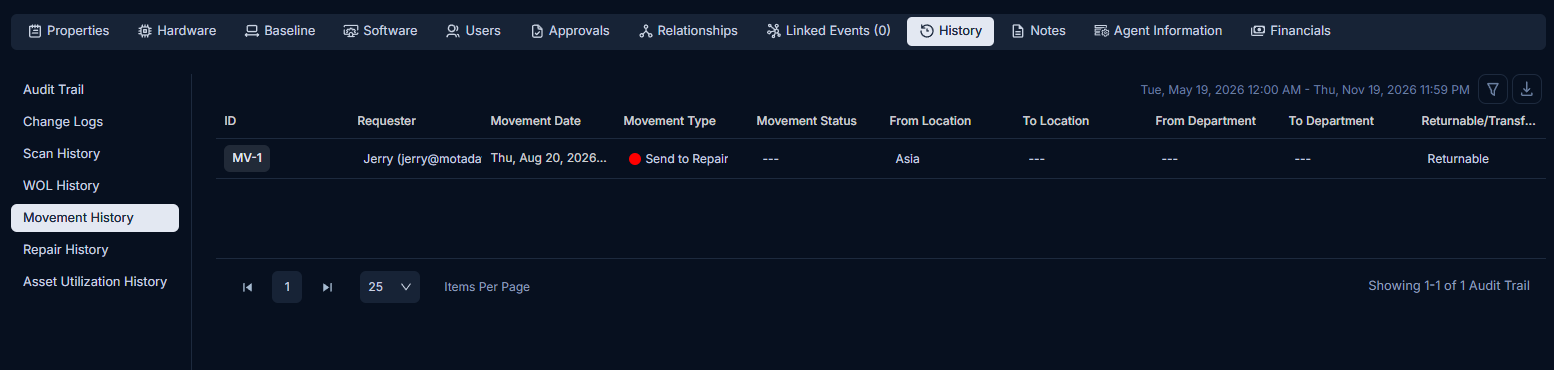 Movement History sub-section showing a table of movement records with location, department, and movement type columns