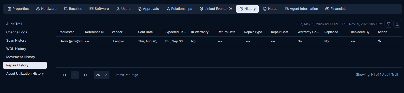 Repair History sub-section showing a table of repair records with vendor, dates, warranty, and replacement details