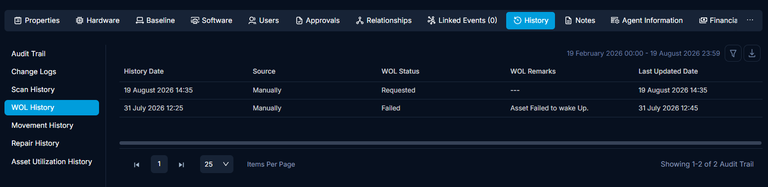 WOL History sub-section showing a table of Wake-on-LAN request records with status and remarks