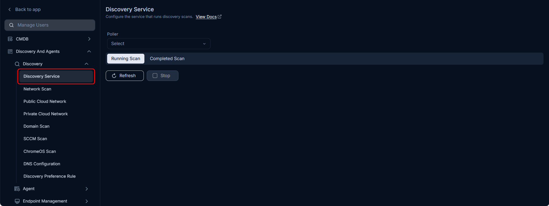 Discovery Service page showing the Poller selector and three scan tabs