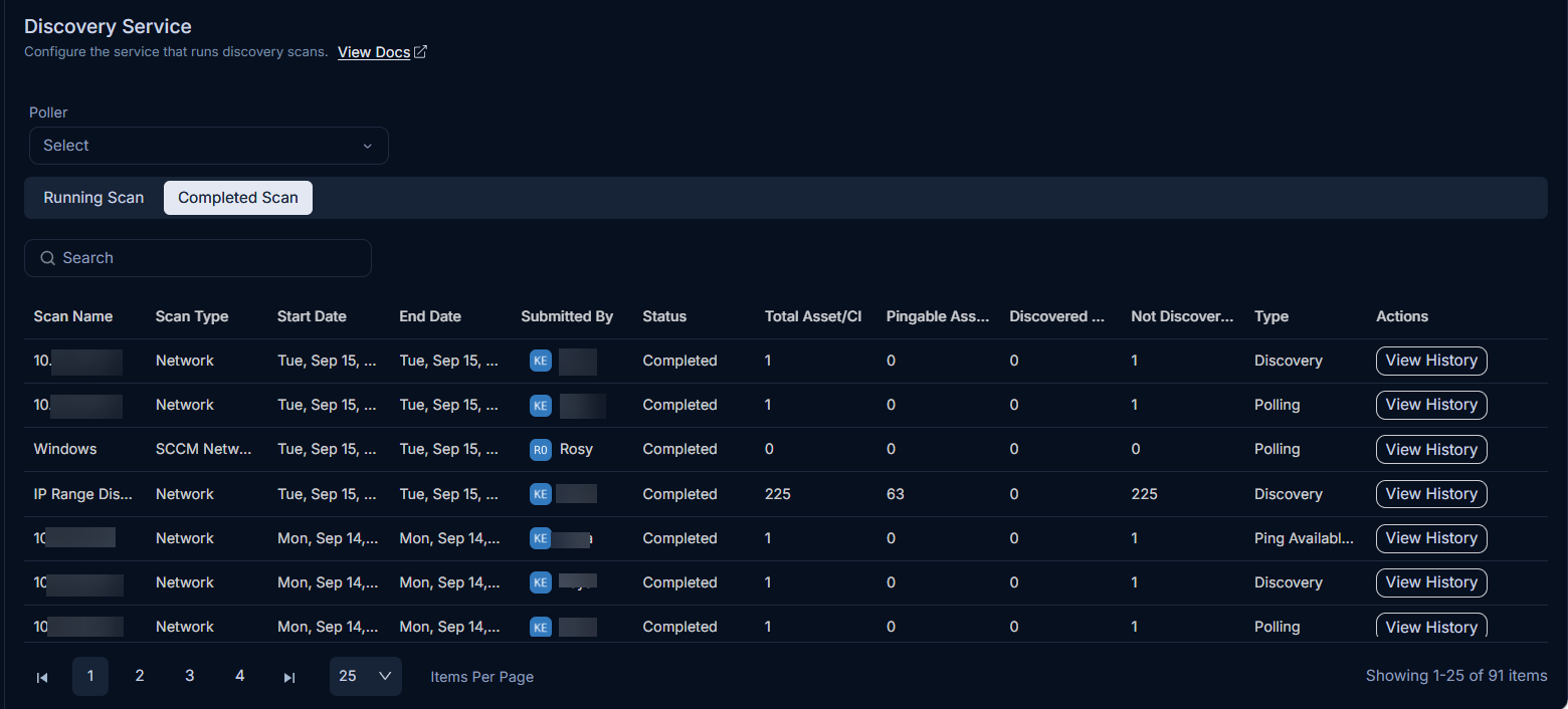 Completed Scan tab showing discovered and not-discovered asset counts