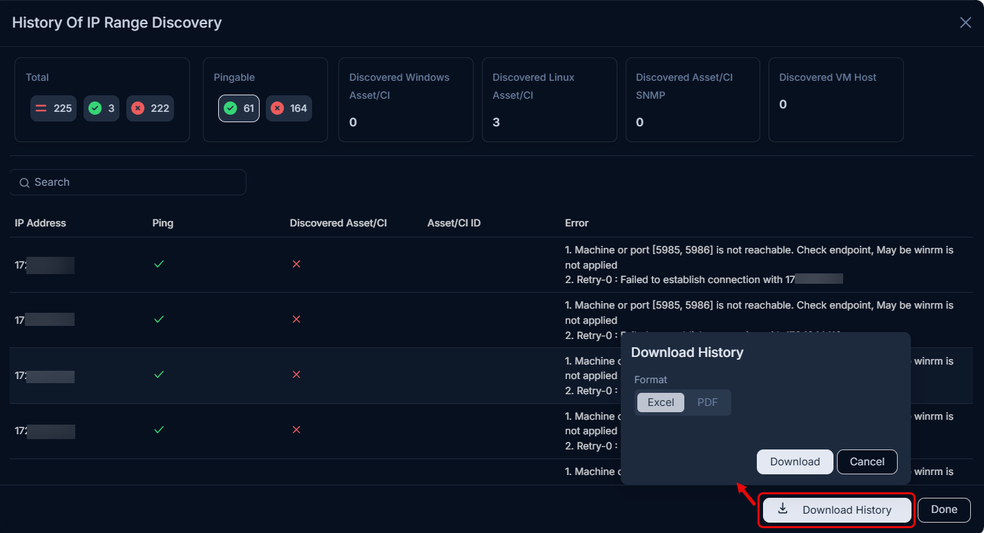 View History popup showing scan result breakdown with download options