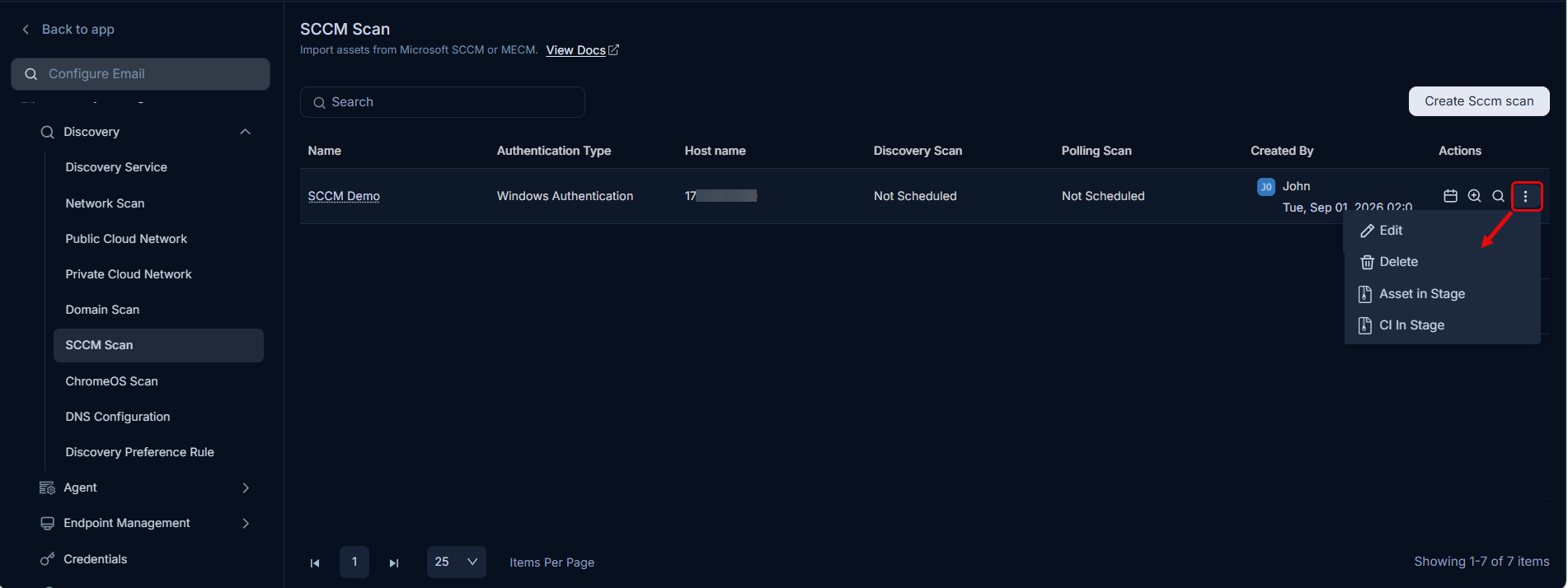SCCM Scan list page showing Name, Authentication Type, and Host Name columns