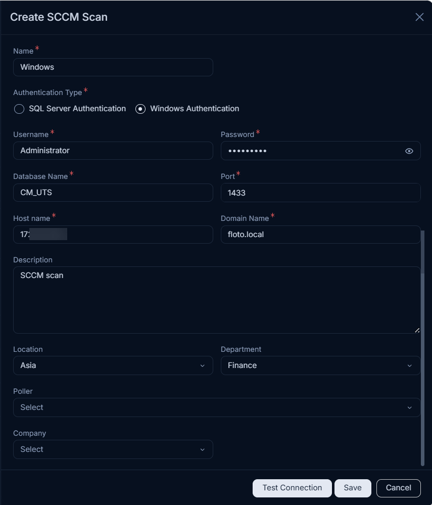 Create SCCM Scan popup showing all configuration fields
