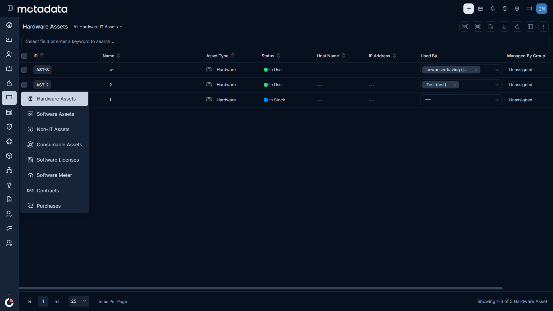 Asset List as per the Option selected