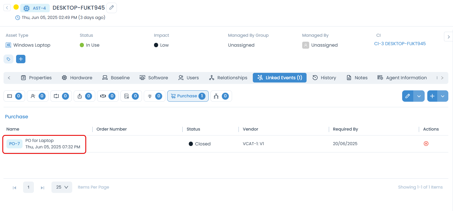 PO Entry linked to the Asset