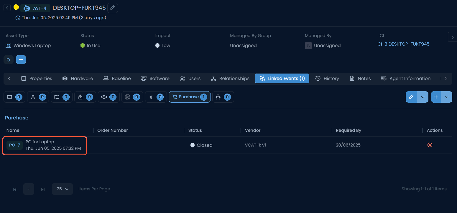 PO Entry linked to the Asset
