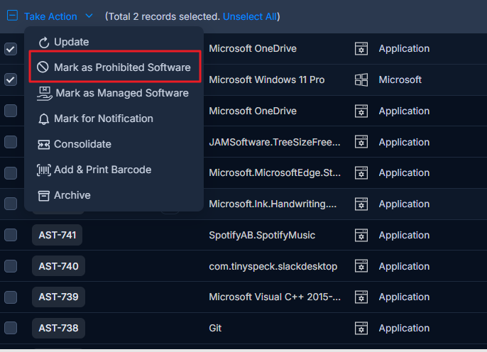 Mark as Prohibited Software Option.