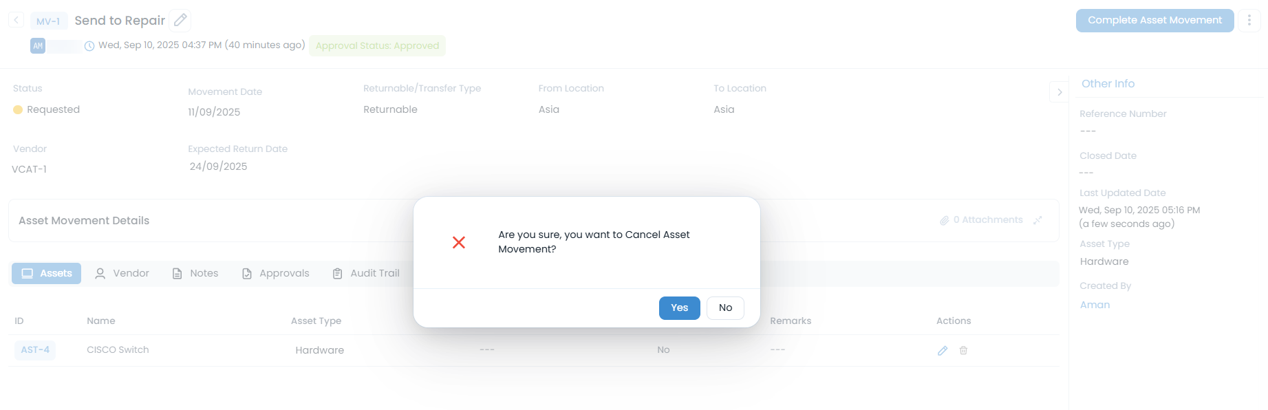 Cancel Asset Movement