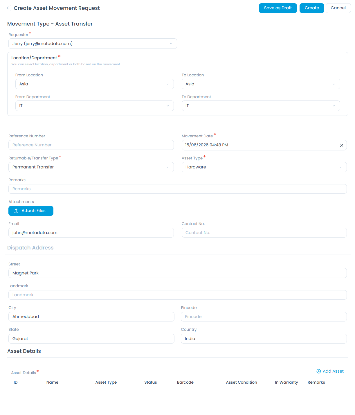 Create Asset Movement Request