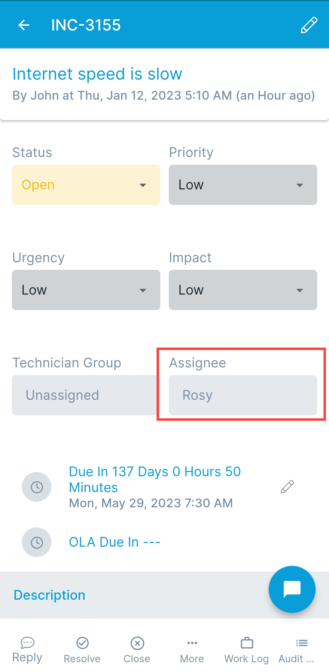 Assigning request to technician on details page