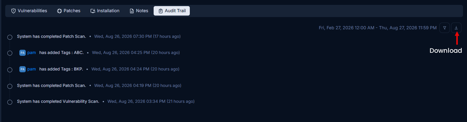 Audit Trail Tab showing a chronological list of system and user actions with timestamps, date range filter, and Download button