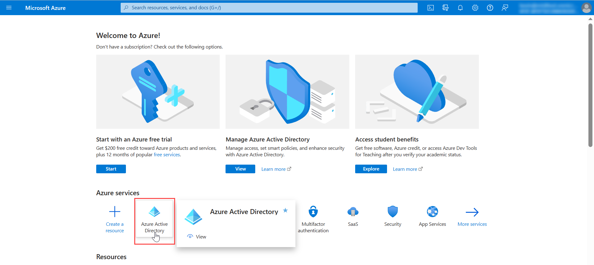 Microsoft Azure Portal Home page
