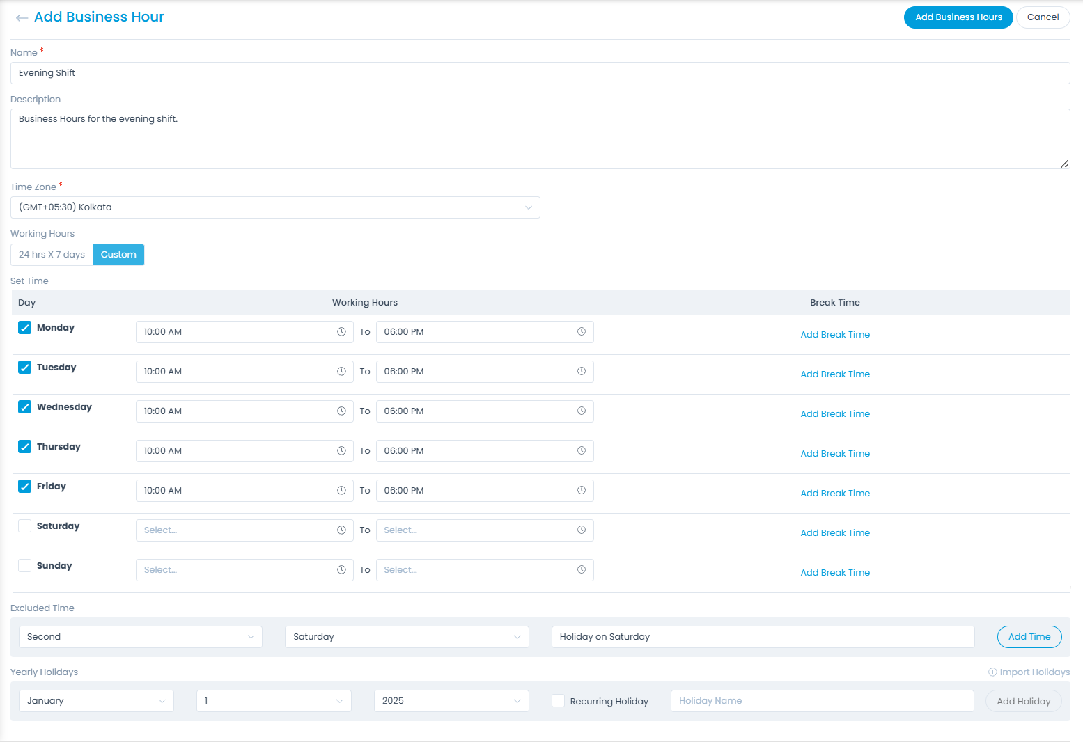 Add Business Hour Page