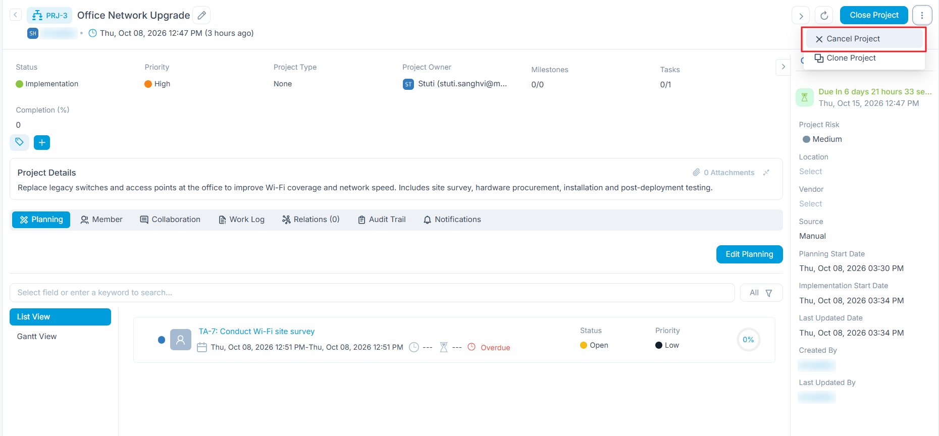 Cancel Project option