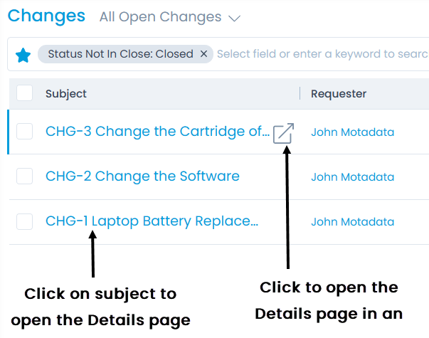 Options to open Change Details Page