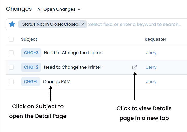 Options to open Change Details Page