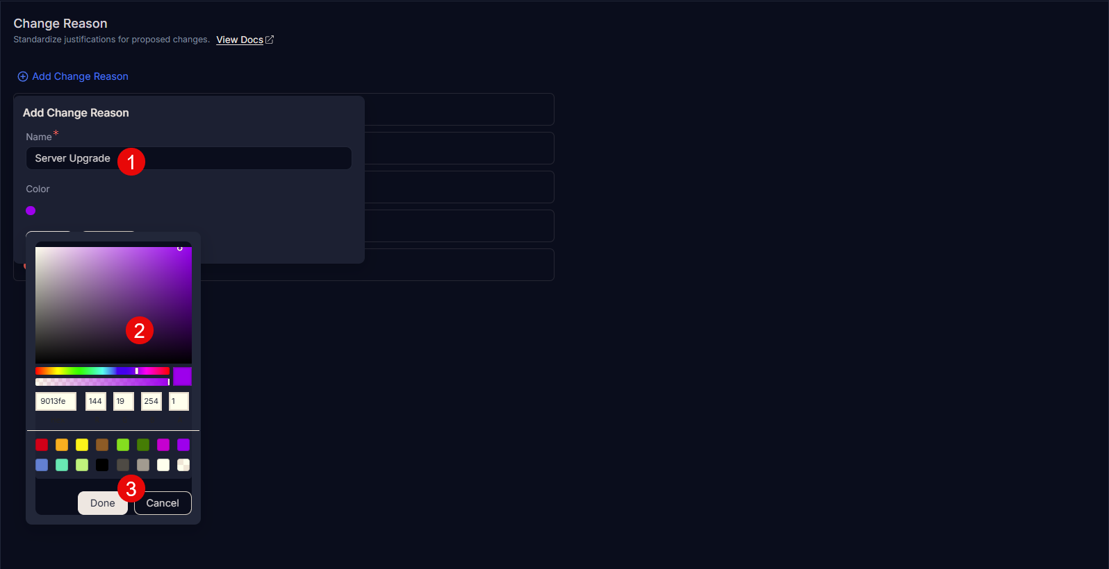 Selecting Color of the Change Reason
