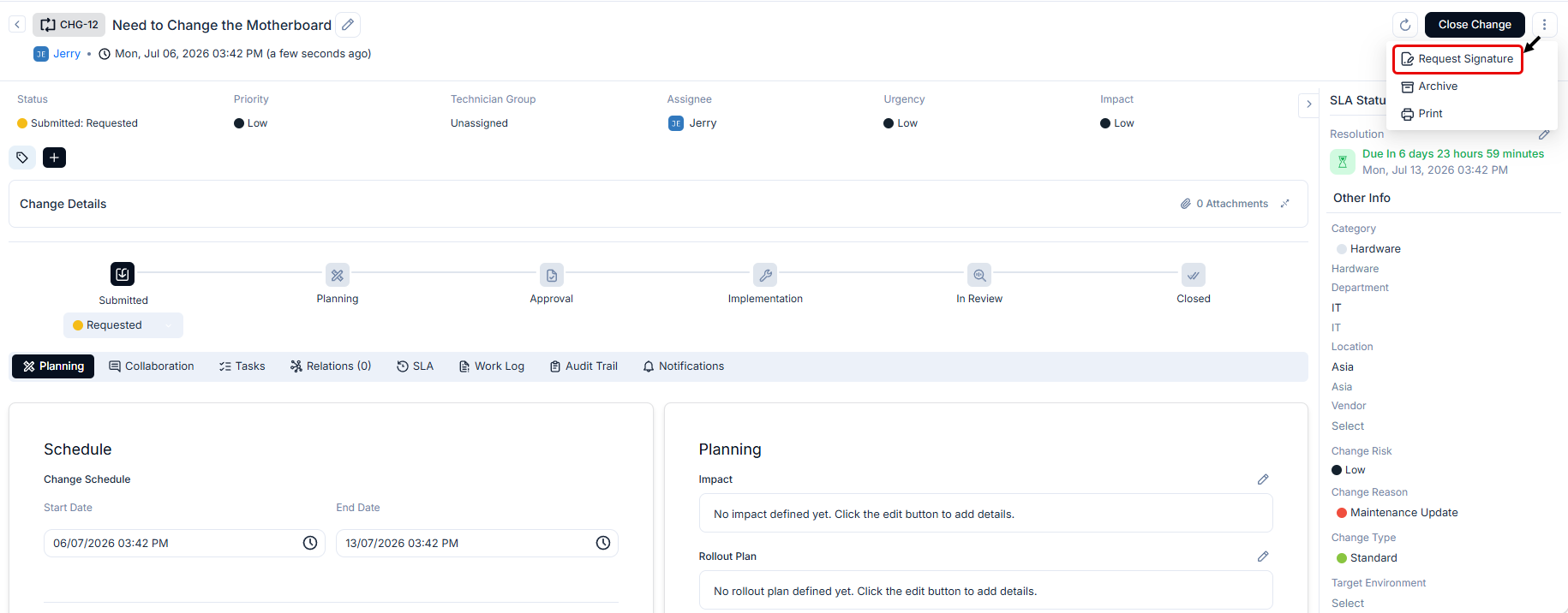 More Actions dropdown on a change detail page with the Request Signature option highlighted