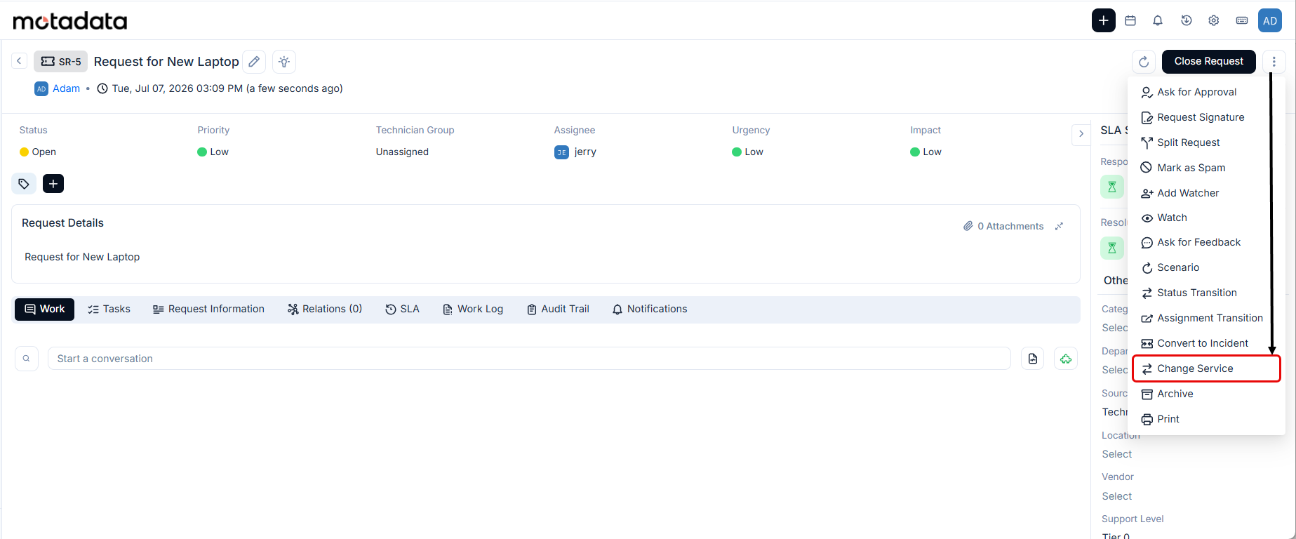 Change Service option in Service Request action menu