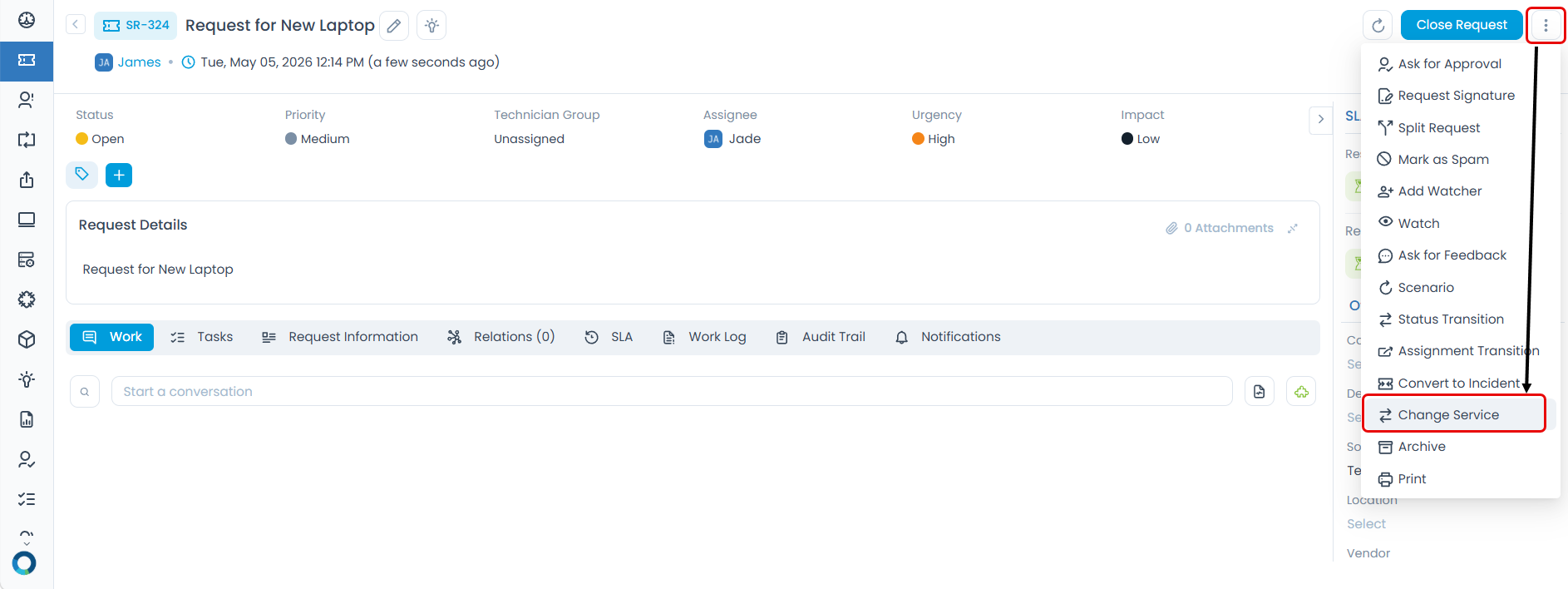 Change Service option in Service Request action menu