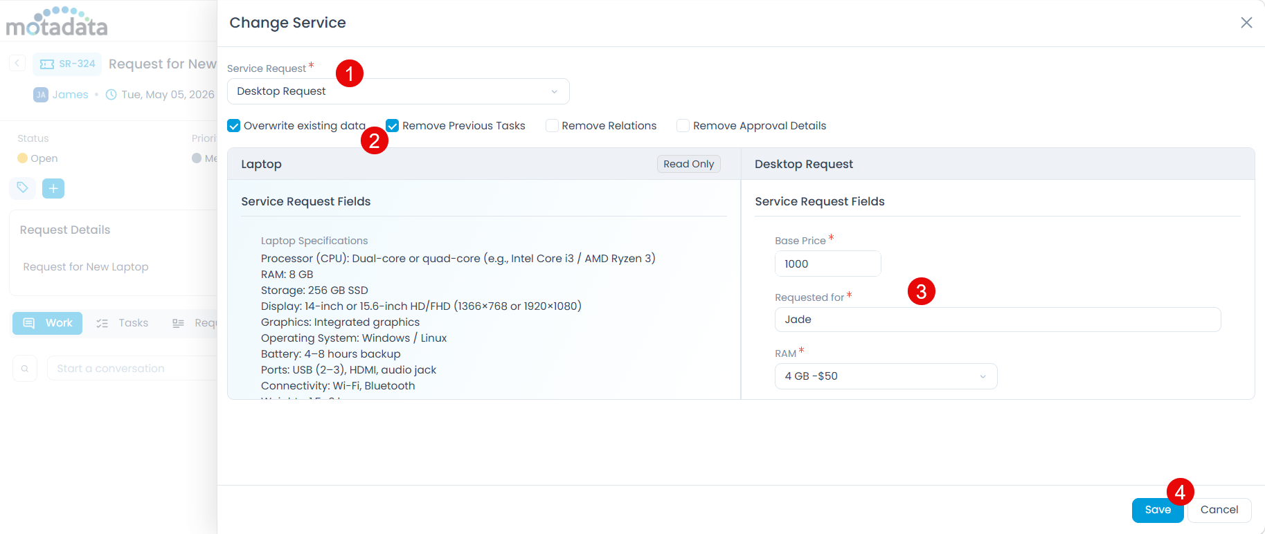 Change Service modal