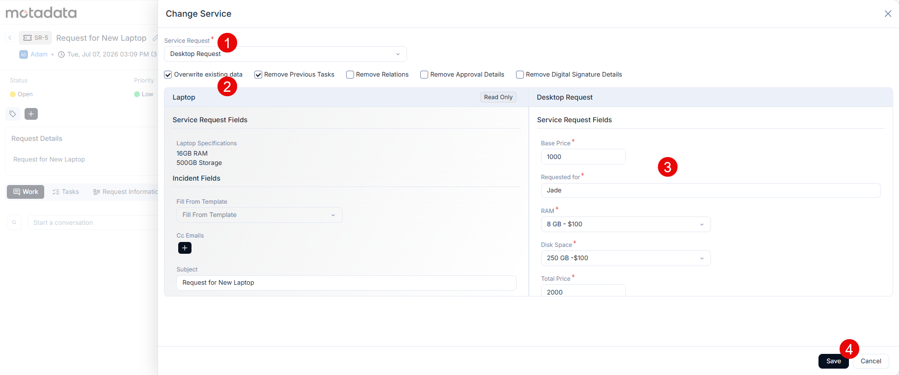 Change Service modal