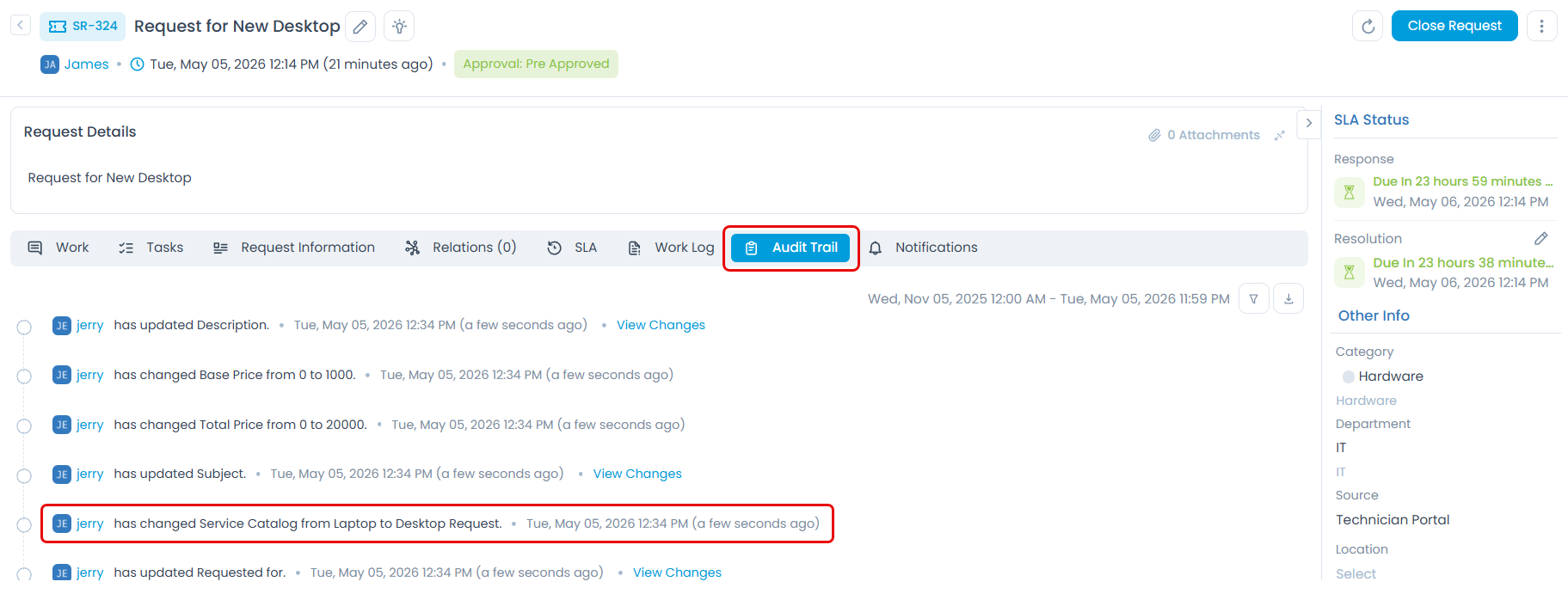 Changed Service Request details page
