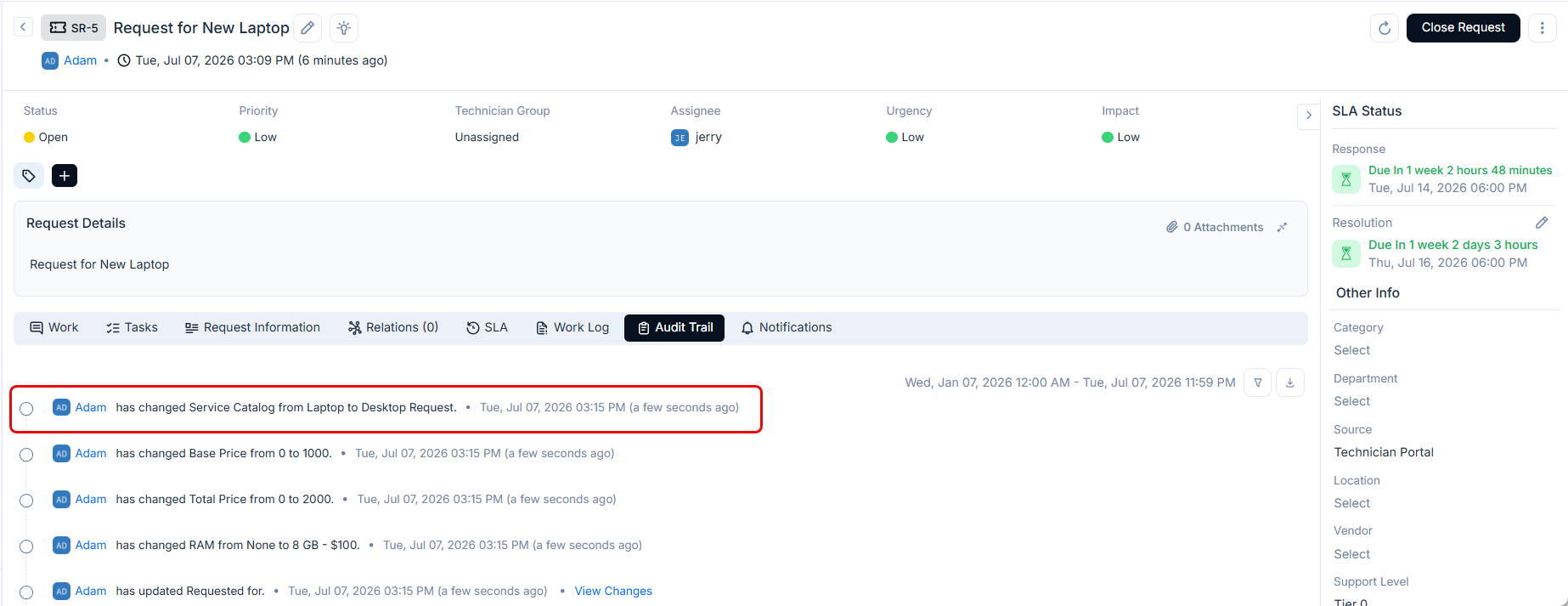 Changed Service Request details page
