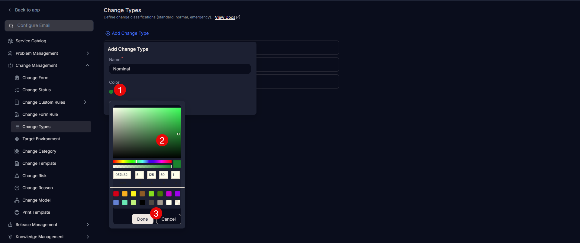 Selecting Color for the Change Type