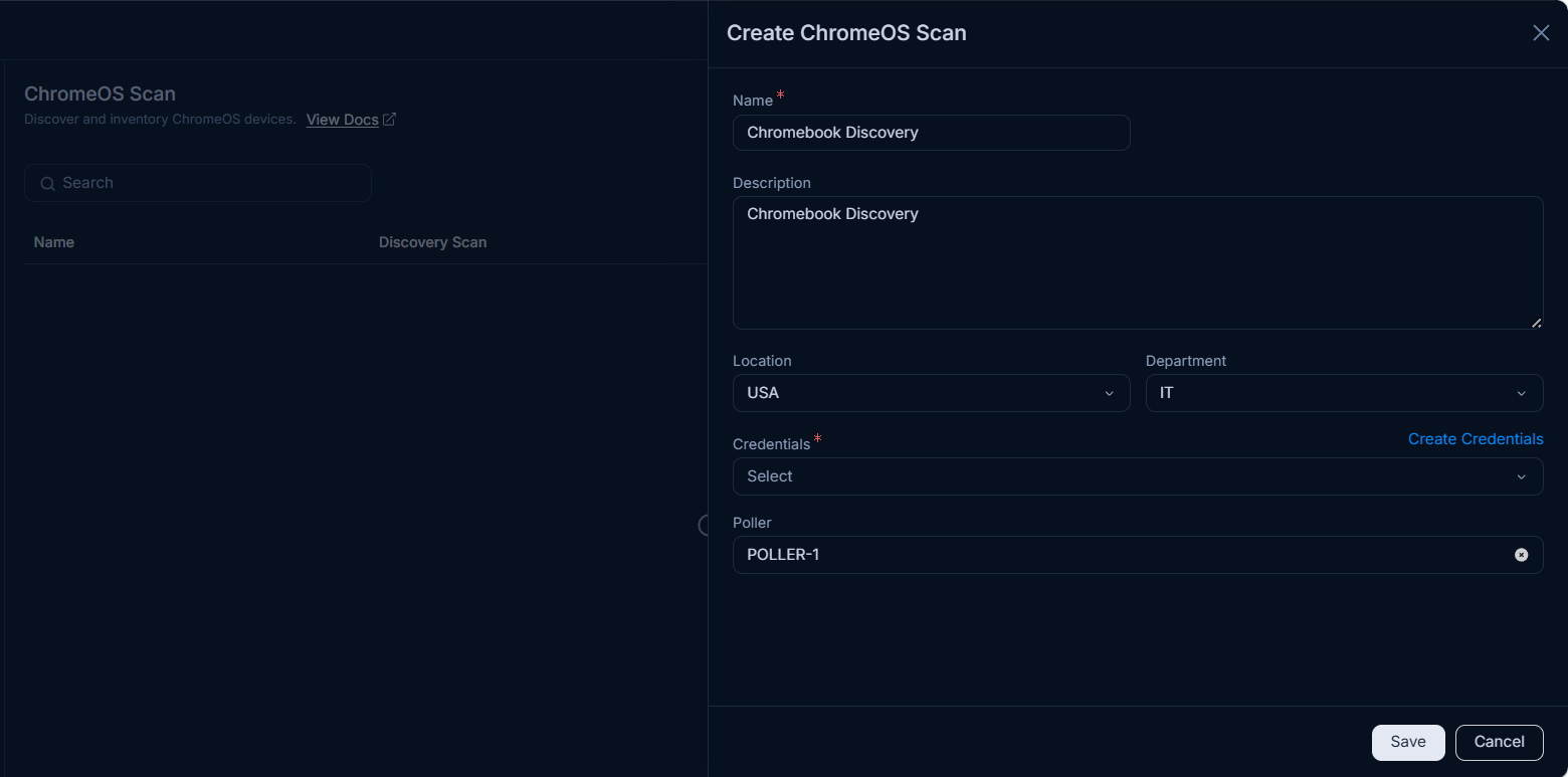 Create ChromeOS Scan popup showing Name, Description, Location, Department, Credentials, and Poller fields