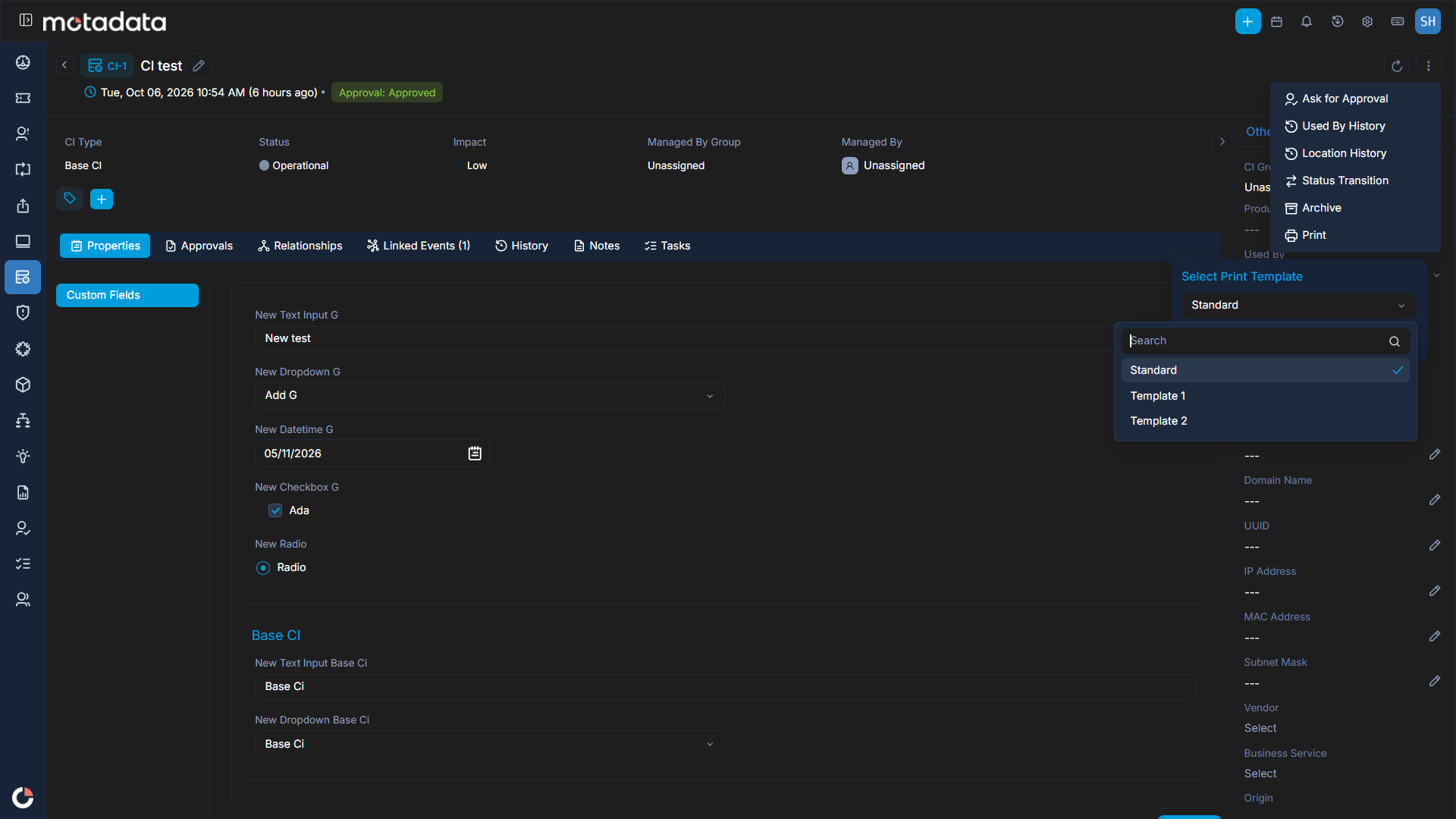 Template editor showing placeholders and print format configuration