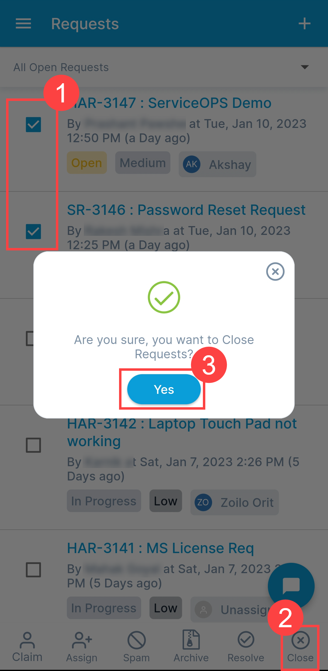 Selecting and Closing Multiple Requests