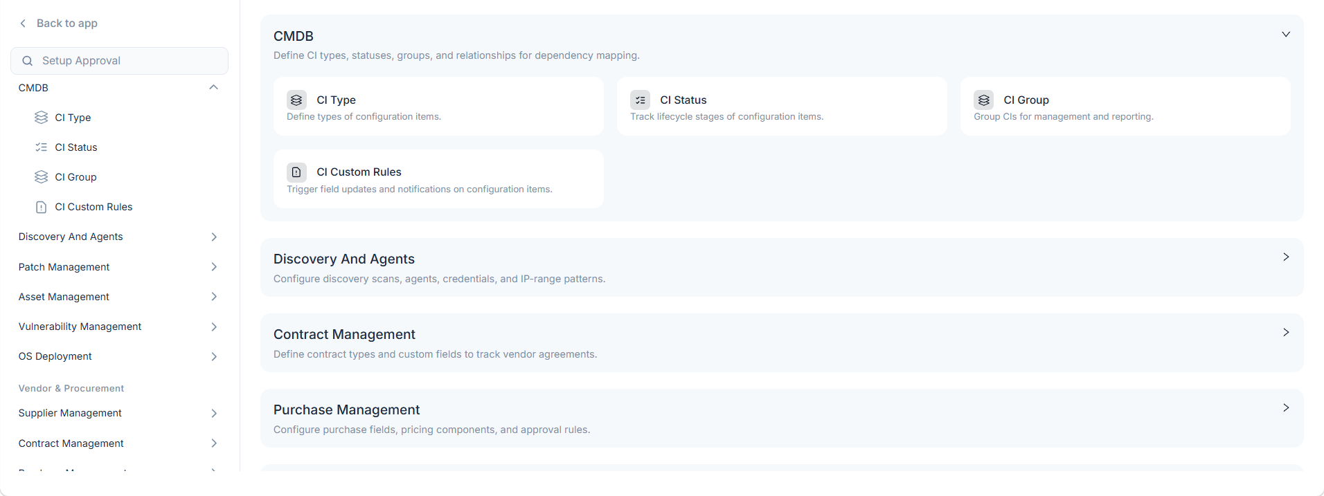 CMDB admin configuration overview showing CI Type, CI Status, CI Group, and CI Custom Rules options