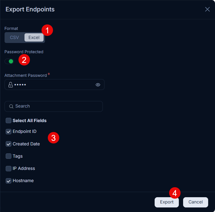 Export Endpoints popup showing format selection, password protection toggle, and field selection
