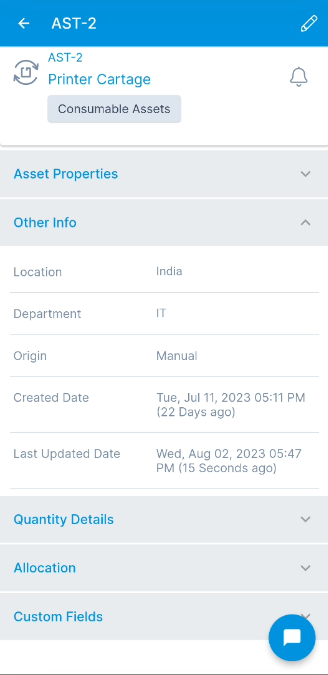 Consumable Asset Details Page
