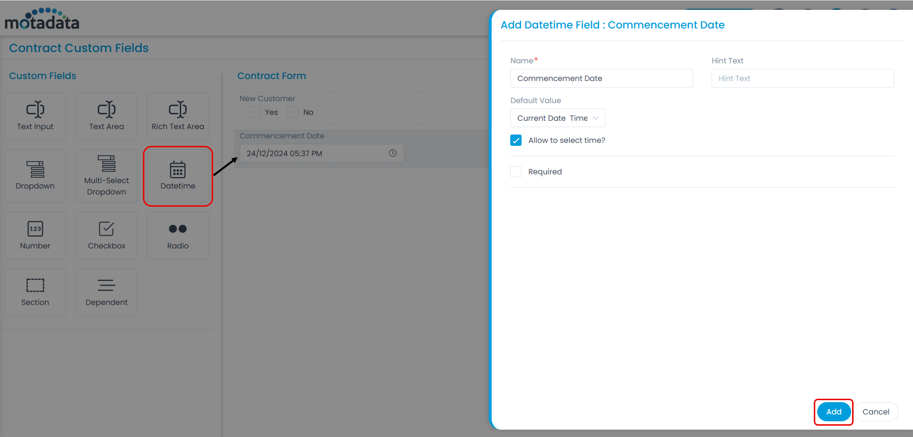 Adding Custom Fields in the Contract Form