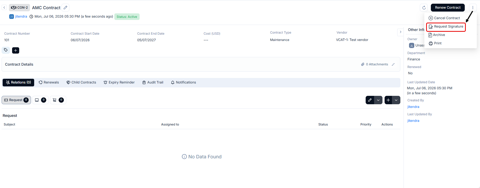More Actions dropdown on a contract detail page with the Request Signature option highlighted