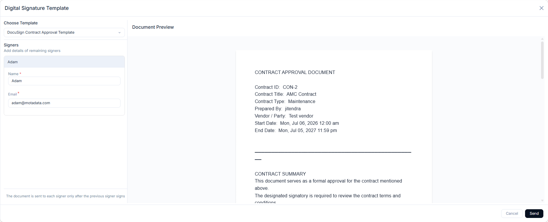 Digital Signature Template dialog showing Choose Template dropdown, Signers section with Name and Email fields, a Document Preview panel, and a Send button