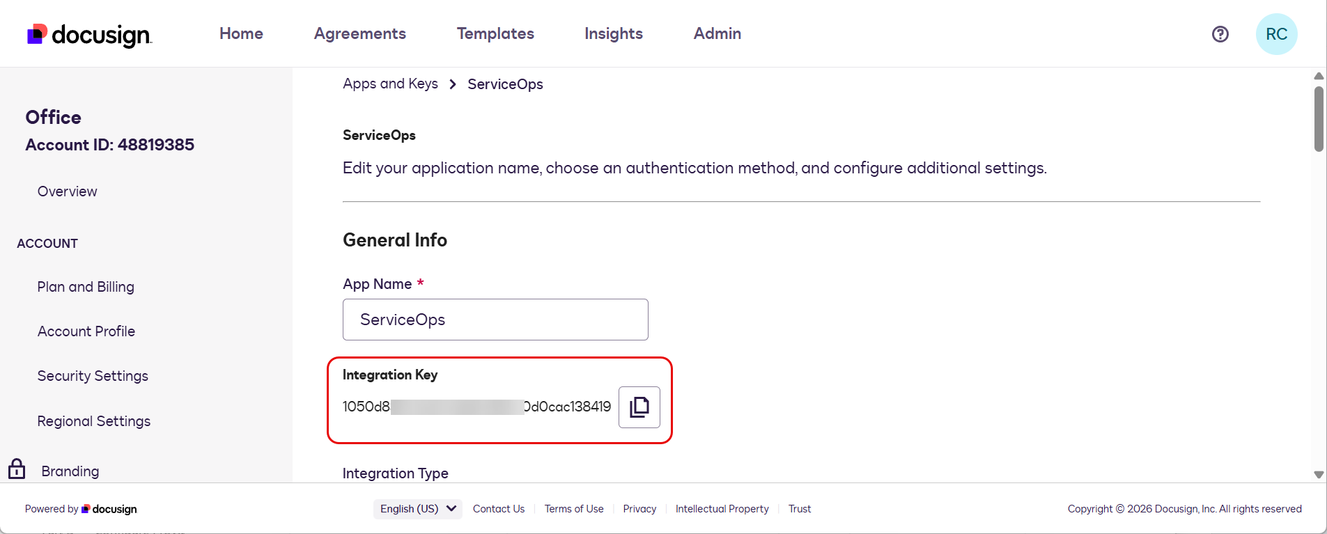 DocuSign app settings page showing the Integration Key field highlighted with a copy button