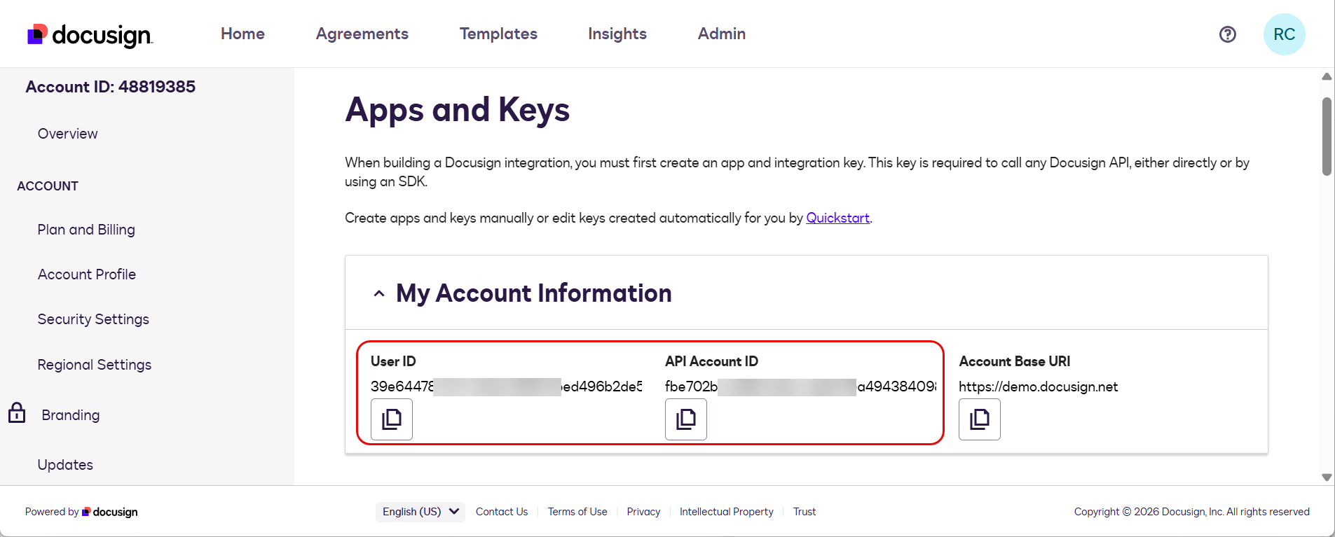 DocuSign Apps and Keys page showing My Account Information section with User ID and API Account ID highlighted