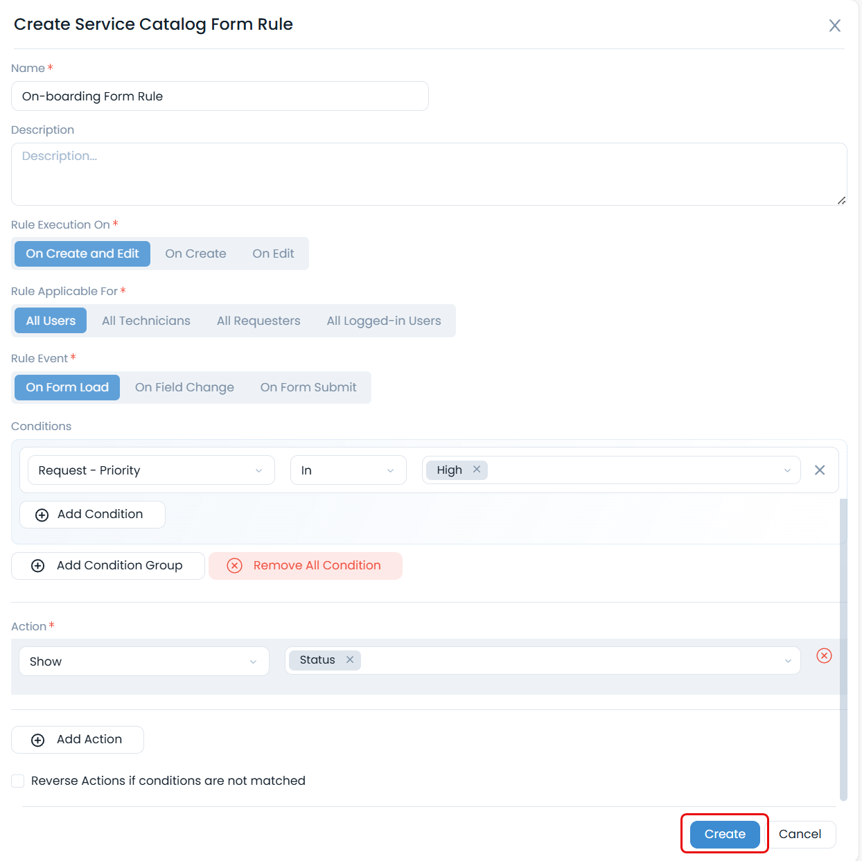 Create Service Catalog Form Rule
