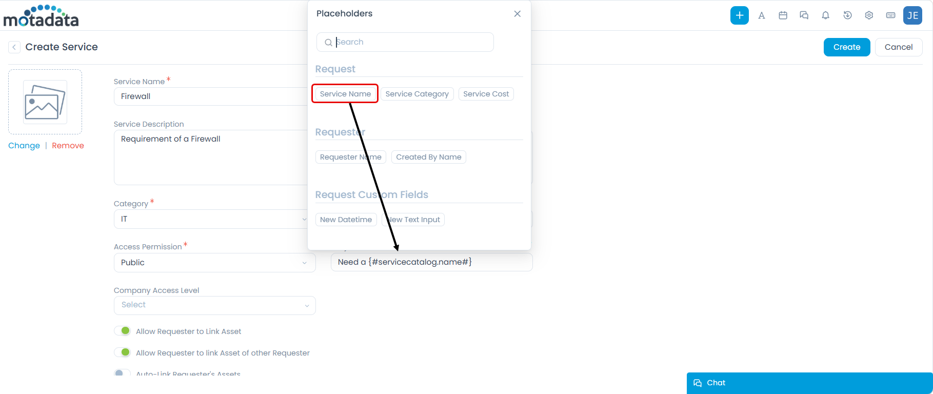 Entering Details while Creating a Service