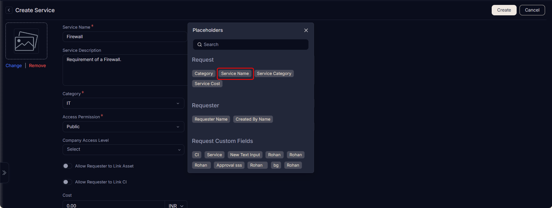 Entering Details while Creating a Service