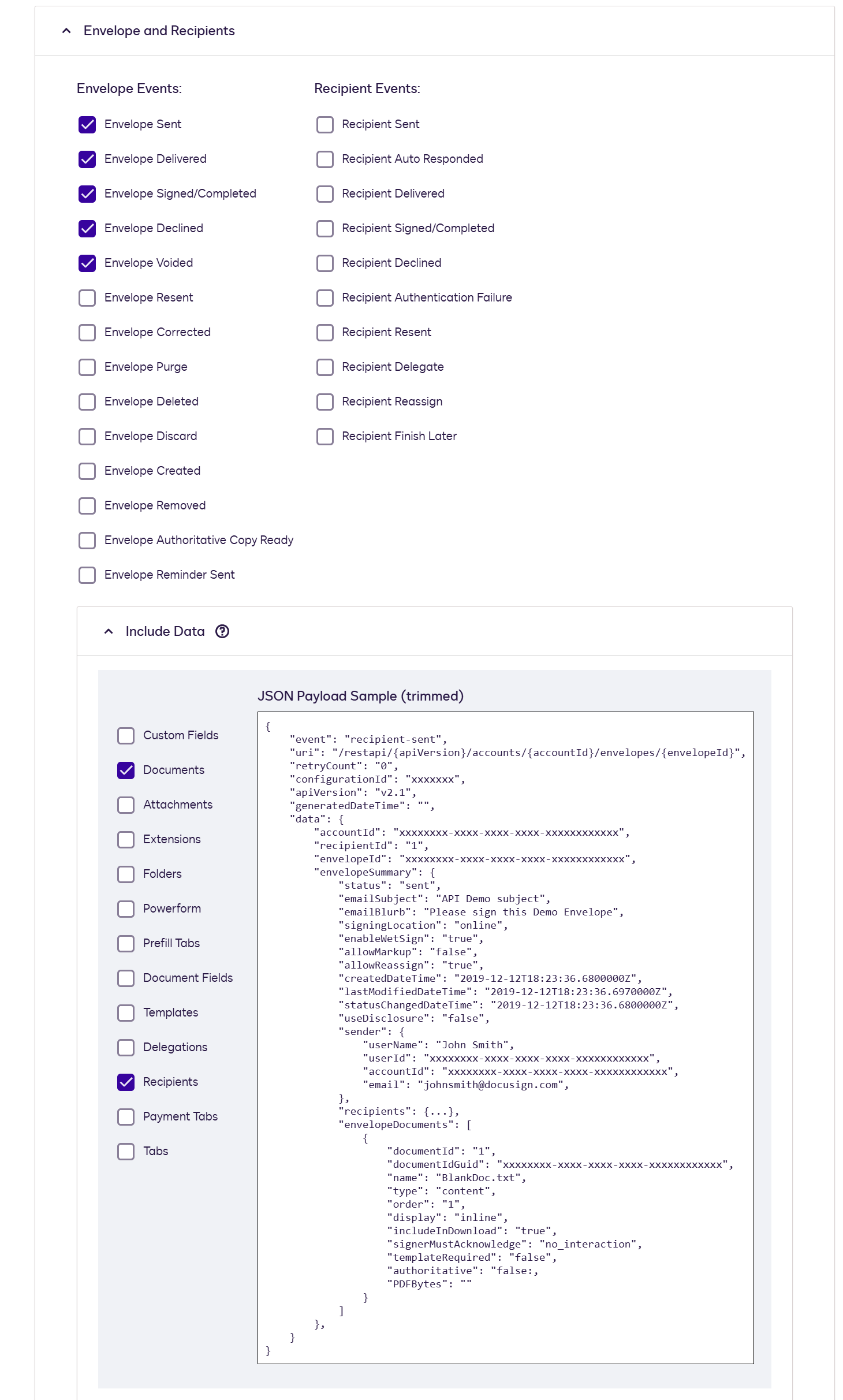 Trigger Events section showing the five required events selected