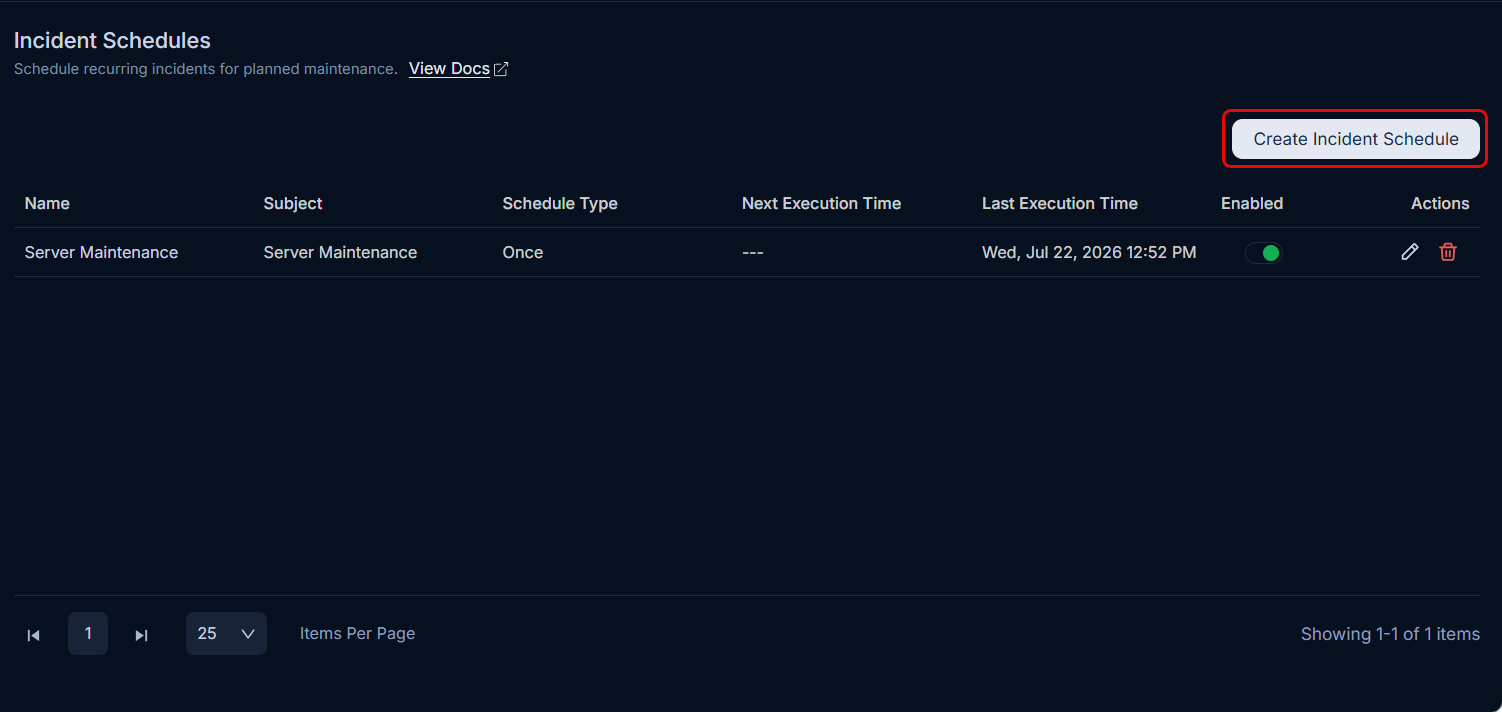 Create Incident Schedule button